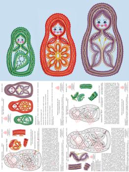 373 Klöppelbrief "Drei Matrjoschkas - Blatt, Blüte und Schmetterling“