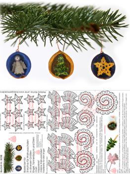 262 Klöppelbrief 3 Motive für Walnussschalen  „Engel, Tannenbaum und Stern"