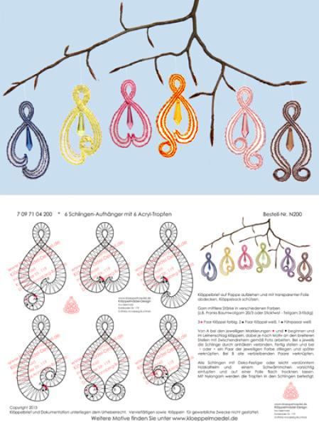 200 Bastelset 6 Schlingenmotive mit 6 bunten Acryltropfen