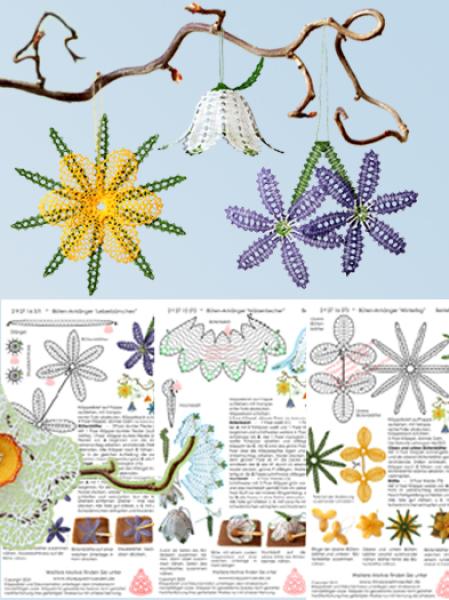 574  3 Klöppelbriefe "Frühblüher - Serie 2" in 3D-Optik zum Aufhängen