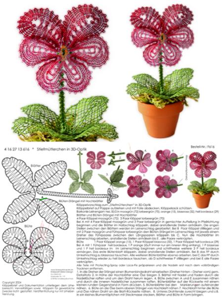 616 Klöppelbrief "Stiefmütterchen"   -   Blümchen in 3D-Optik