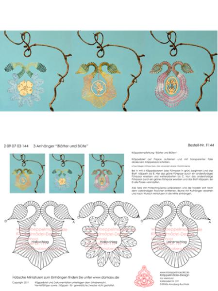 144 Klöppelbrief 3 Anhänger "Blätter und Blüte"