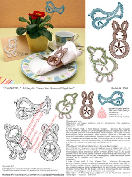 205 Klöppelbrief Frühlingstrio „Lämmchen, Hase und Vögelchen“