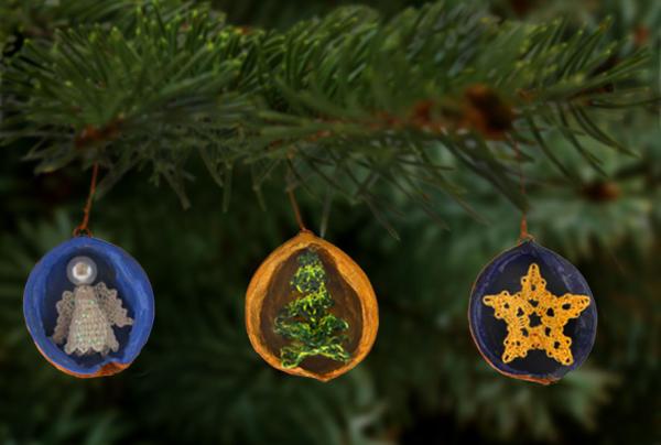 262 Klöppelbrief 3 Motive für Walnussschalen  „Engel, Tannenbaum und Stern"