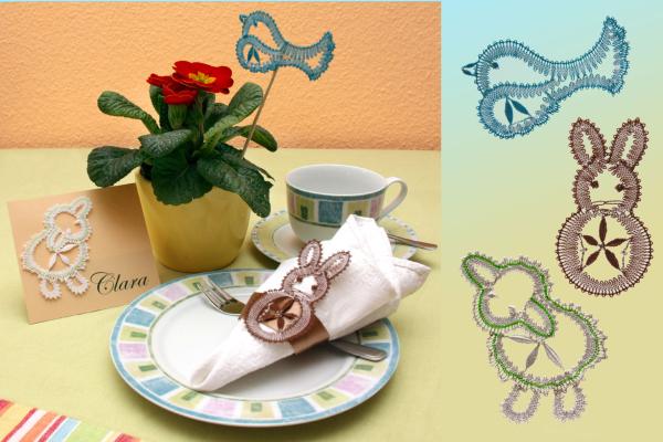 205 Klöppelbrief Frühlingstrio „Lämmchen, Hase und Vögelchen“