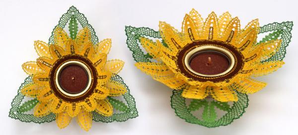 290 Klöppelbrief  "Sonnenblume" für Holz-Teelichthalter