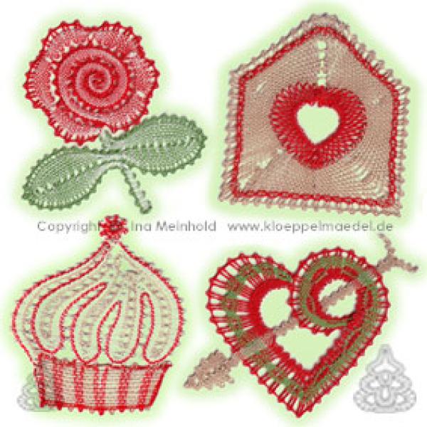 355 Klöppelbrief 4 kleine Motive „Valentinstag"