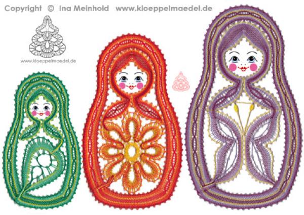 373 Klöppelbrief "Drei Matrjoschkas - Blatt, Blüte und Schmetterling“