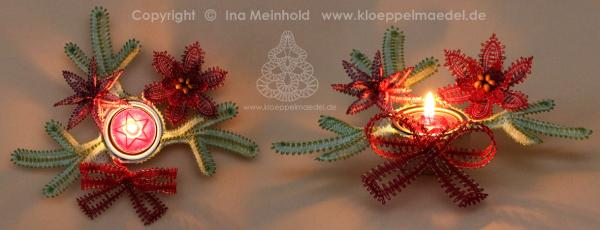 348 Klöppelbrief  „Rote Zier und Tannengrün“ für Holz-Teelichthalter