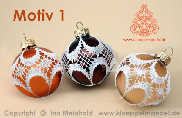 447 Klöppelbrief Verzierungen für Christbaumkugeln 6 cm und 8 cm 6 verschiedene Muster - Motiv 1