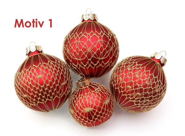 453 Klöppelbrief Verzierungen für große Christbaumkugeln "Goldglanz"  6 verschiedene Muster - Motiv 1