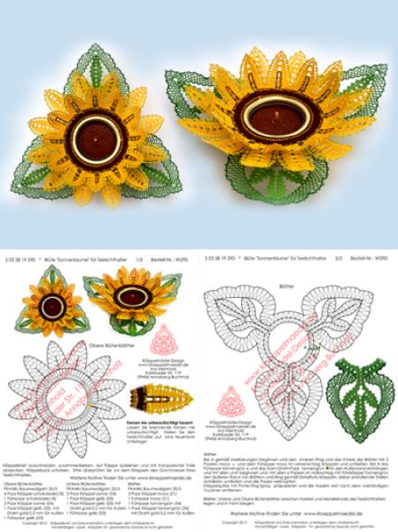 290 Klöppelbrief  "Sonnenblume" für Holz-Teelichthalter
