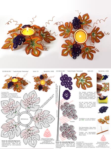 335 Klöppelbrief  "Weinrebe""- Blätter und Trauben für Teelichthalter