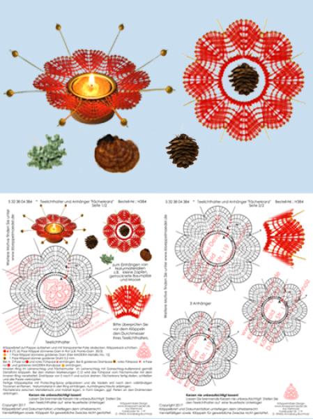 384 Klöppelbrief Teelichthalter und Anhänger "Fächerkranz"