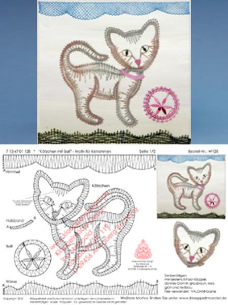 128 Klöppelbrief Keilrahmenbild „Kätzchen mit Ball“