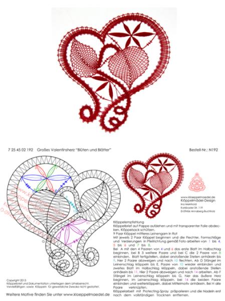 192 Klöppelbrief Großes Valentinsherz „Blüten und Blätter“