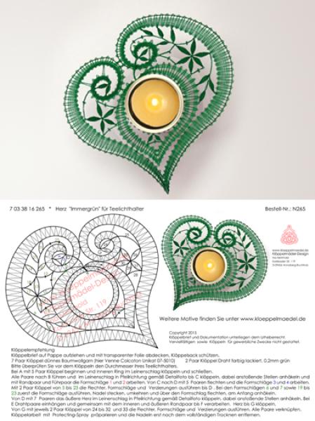 265 Klöppelbrief „Immergrün“  - Herz für Teelichthalter