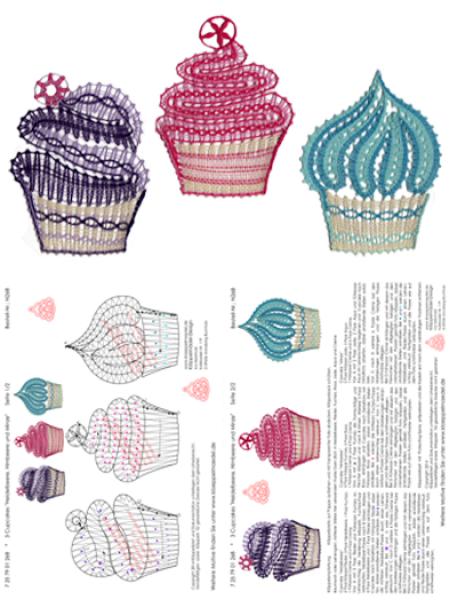 268 Klöppelbrief „3 Cupcakes“ Heidelbeere, Himbeere und Minze