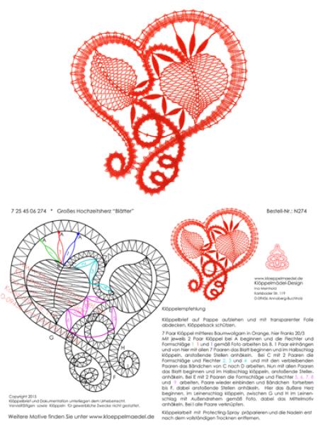 274 Klöppelbrief  Großes Hochzeitsherz „Blätter“