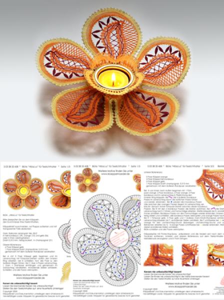 458 Klöppelbrief Blüte „Hibiscus" für Holz-Teelichthalter