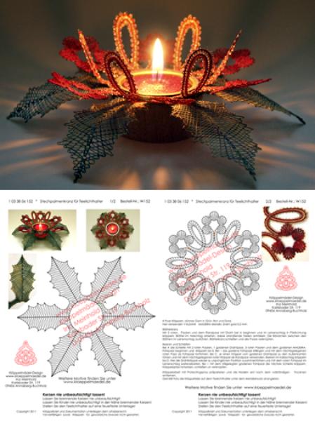 152 Klöppelbrief  „Stechpalmenkranz“ für Teelichthalter