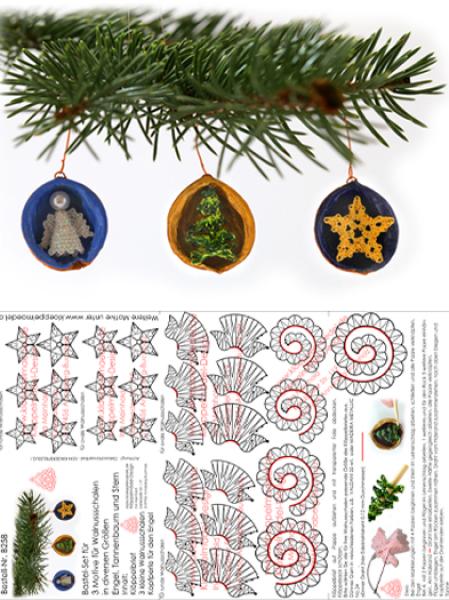 262 Klöppelbrief 3 Motive für Walnussschalen  „Engel, Tannenbaum und Stern"