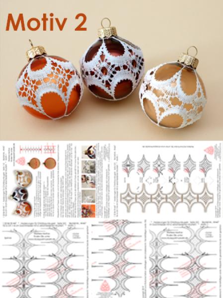 448 Klöppelbrief Verzierungen für Christbaumkugeln 6 cm und 8 cm 6 verschiedene Muster - Motiv 2