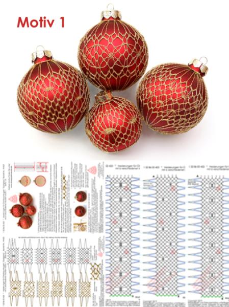 453 Klöppelbrief Verzierungen für große Christbaumkugeln "Goldglanz"  6 verschiedene Muster - Motiv 1