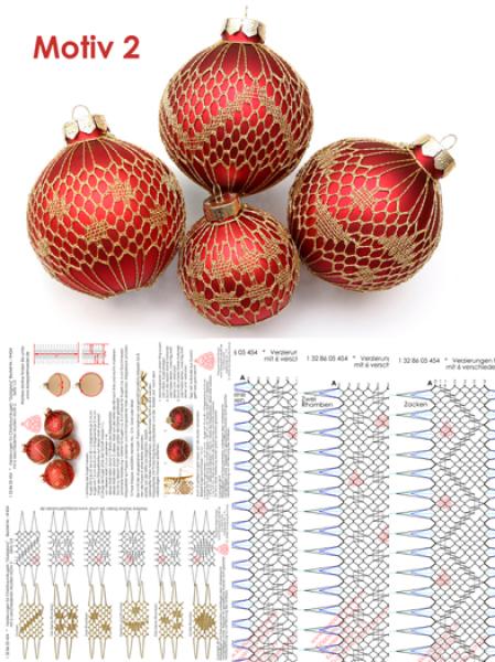 454 Klöppelbrief Verzierungen für große Christbaumkugeln "Goldglanz"  6 verschiedene Muster - Motiv 2