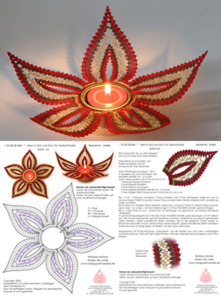 484 Klöppelbrief  "Stern in Rot und Grün" für Teelichthalter