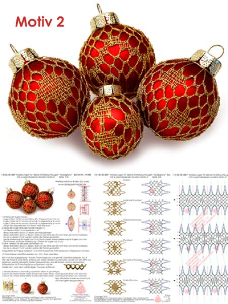 488 Klöppelbrief Verzierungen für kleine Christbaumkugeln "Goldglanz"  6 verschiedene Muster - Motiv 2